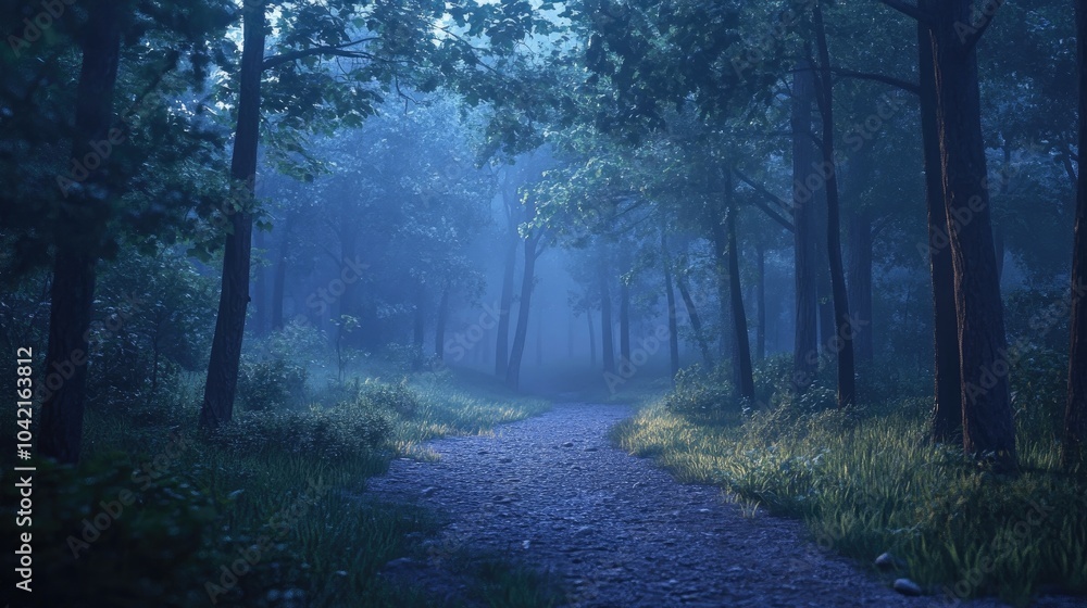 Poster a misty forest path with soft light filtering through the trees, creating an enchanting evening mood