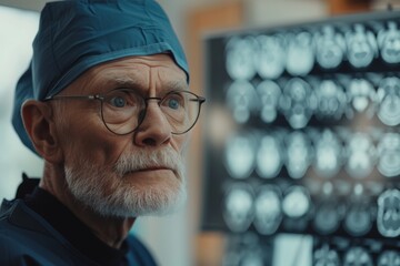 Elderly male doctor wearing blue surgical cap closely examining medical images on large monitors. His focused expression reflects dedication and attention to detail in patient care and diagnostics.