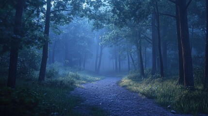A misty forest path with soft light filtering through the trees, creating an enchanting evening mood.