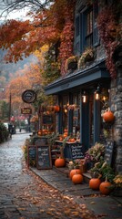 Fototapeta premium Autumnal Cobblestone Street with Pumpkin Decorated Shop - Realistic Image