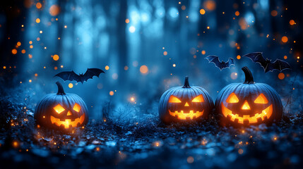 Fototapeta premium A vibrant blue background featuring fun prints of bats, witches, and pumpkins glowing in the dark.