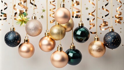 Multicolored Christmas tree balls with golden streamers close-up on bokeh background