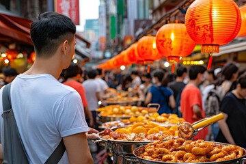 People in a bustling Japanese market, with food stalls and lanterns lining the street, showing local culture