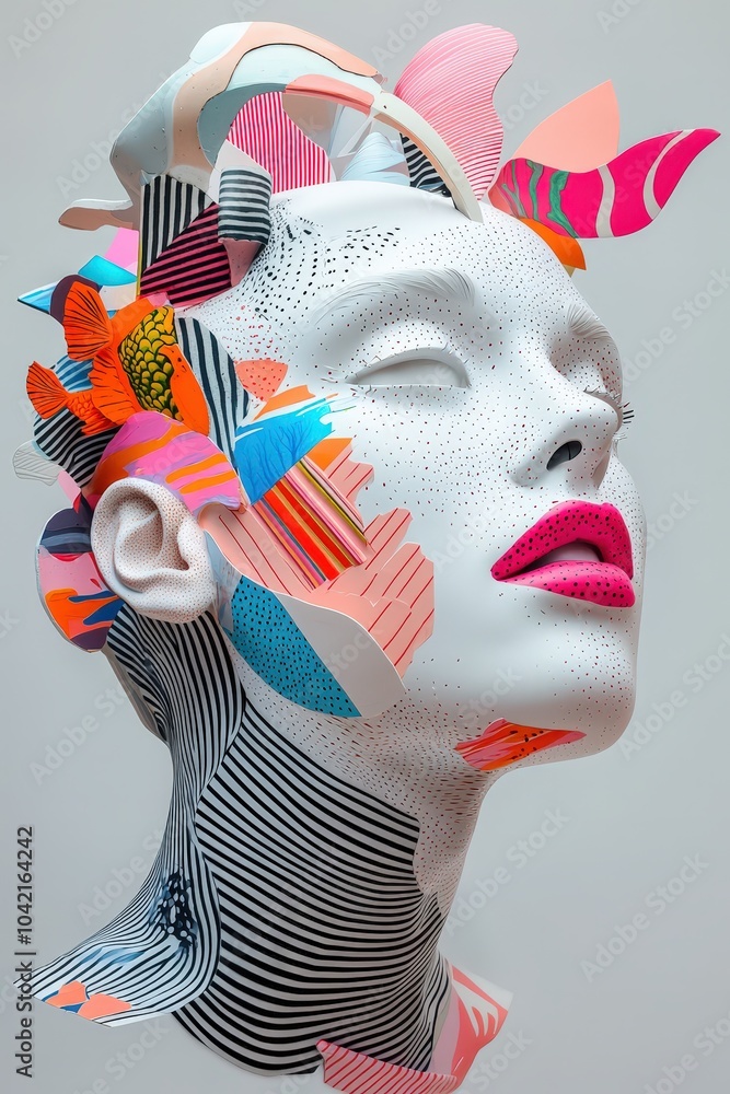 Poster a mannequin head features a striking design, with vivid paper cutouts and patterns decorating its su