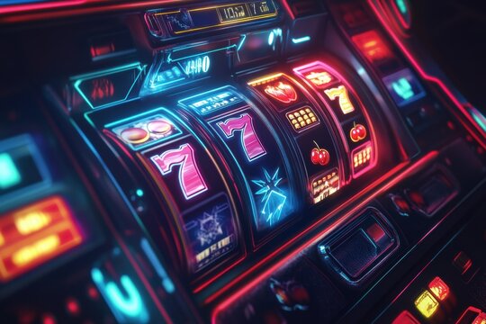 The colorful slot machine shows spinning reels with cherries, sevens, and bars in a lively entertainment area, attracting eager players. Generative AI