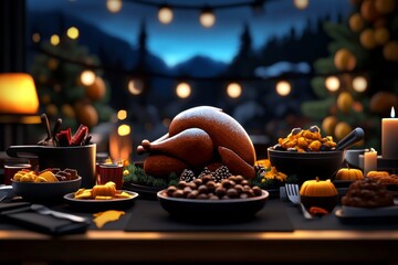 Fototapeta premium Pixel art Thanksgiving table, with pixelated dishes, turkey, and family members in a retro video game style