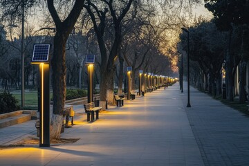 A quiet street at dusk, illuminated by a series of sleek, solar-powered lights along the sidewalks,...