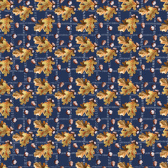 Watercolor seamless pattern with autumn oak branches and leaves
