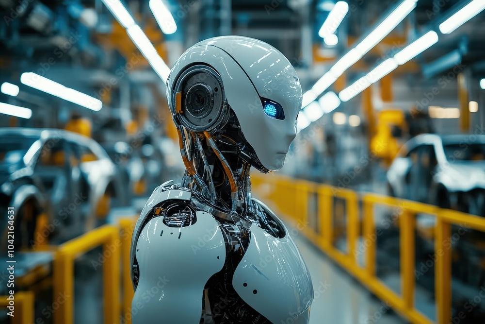 Poster a sleek robot with glowing blue eyes observes its surroundings in a modern automotive factory. vario