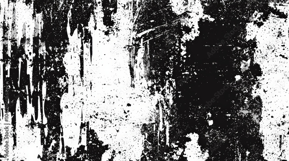 Poster a unique blend of black and white with varying textures, depicting acrylic paint splatters and drips