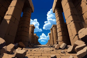 Pixel art ruins of an ancient temple, with pixelated details of crumbling pillars and scattered stones