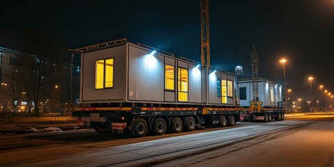 Modular building units transported on flatbed truck during nighttime, illuminated by streetlights, ready for installation at construction site.