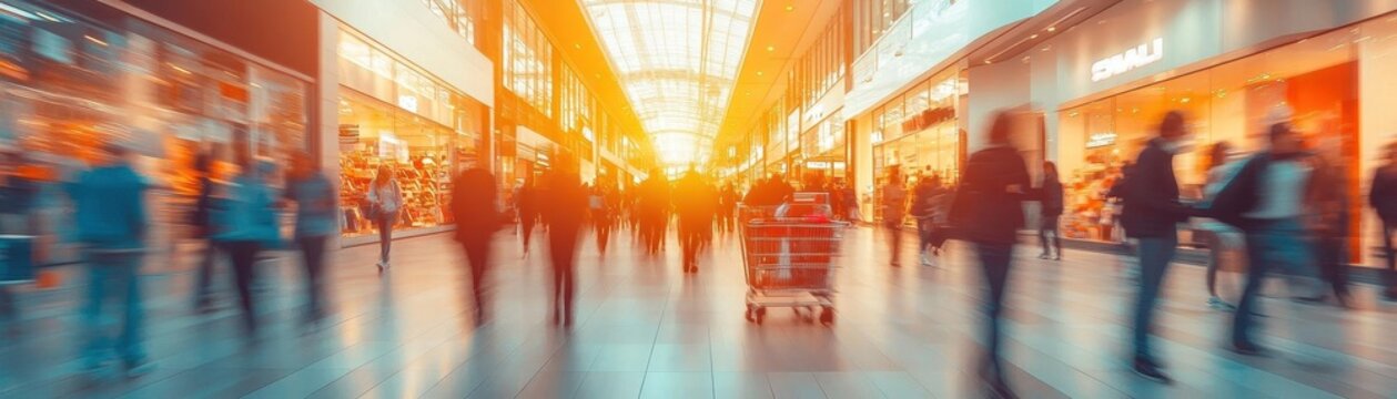 Big savings event banner, intense sale signs, glowing festive atmosphere, customers frantically shopping, carts full of deals, countdown clocks