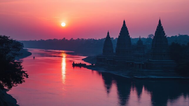 A picturesque sunset over the Narmada River, with silhouetted temple structures in the foreground.