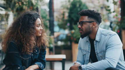 Casual outdoor conversation between friends in urban setting