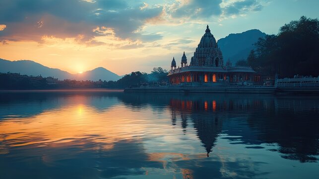 A picturesque view of Shiv Parvati's essence reflected in tranquil waters of a lake.