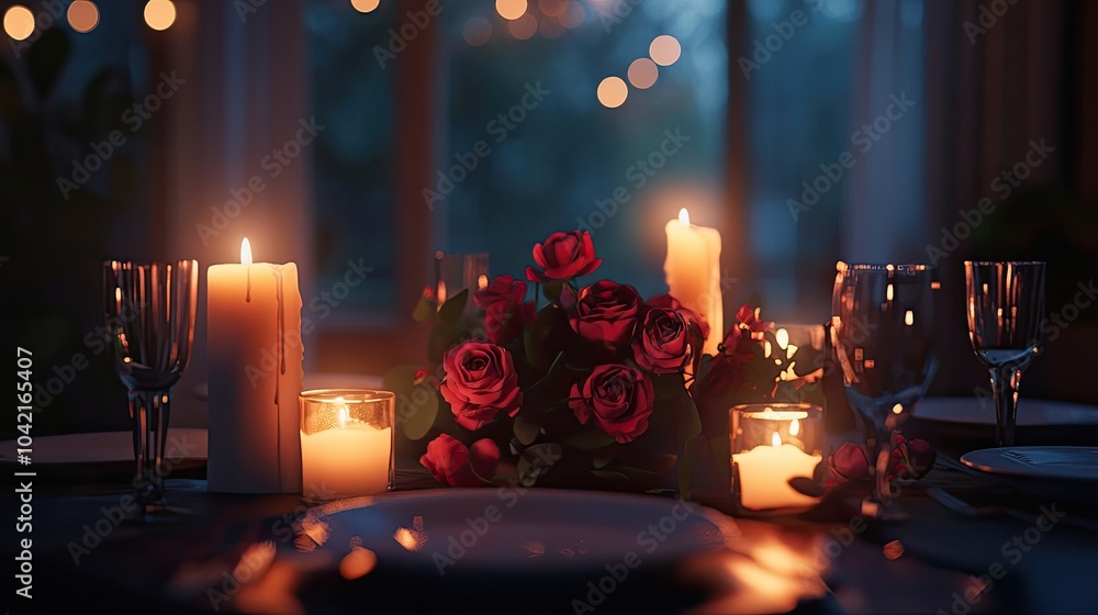 Poster a romantic table setting with candles and floral arrangements, creating an intimate atmosphere for e