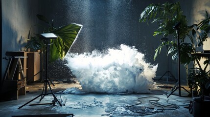 Artistic studio with lighting and a dramatic cloud of powder