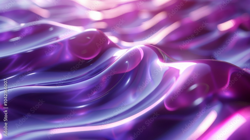 Poster purple and pink glossy surface with smooth waves and reflections. concept of abstract fluidity and m