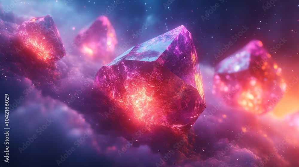 Poster radiant pink crystals are suspended in an otherworldly space environment, glowing against a backdrop