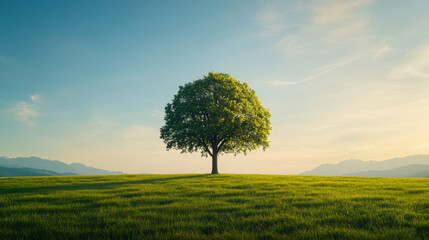 Obraz premium A solitary tree stands majestically in a vast, green field under a clear blue sky, surrounded by distant mountains and gentle sunlight.
