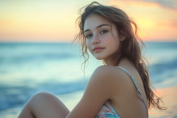 Naklejka premium Beautiful young woman posing on a lonely beach.