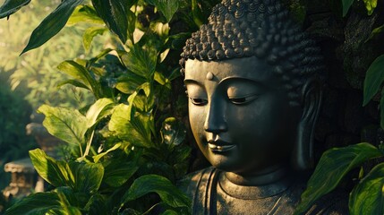 A serene Buddha statue surrounded by lush greenery, softly illuminated by natural sunlight filtering through the leaves.