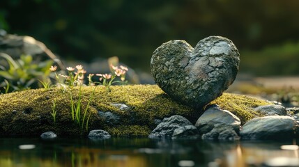 A serene landscape featuring a broken heart-shaped stone surrounded by nature, symbolizing healing and reflection.