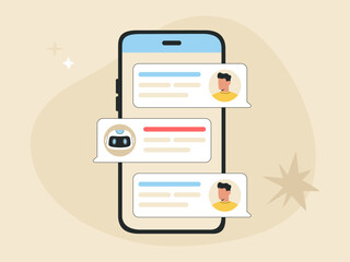 Communication between Artificial Intelligent robot assistant and user, customer messaging with AI chat bot, smartphone and speech bubbles, FAQ concept. Flat vector illustration isolated on background