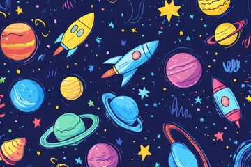 A vibrant collection of cosmic-themed doodles displays planets, rockets, stars, and asteroids creatively arranged in a dark background. Generative AI