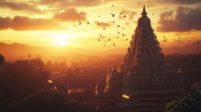 A serene sunset view of Chamundeshwari Temple, with warm hues reflecting off the templea??s golden spire.
