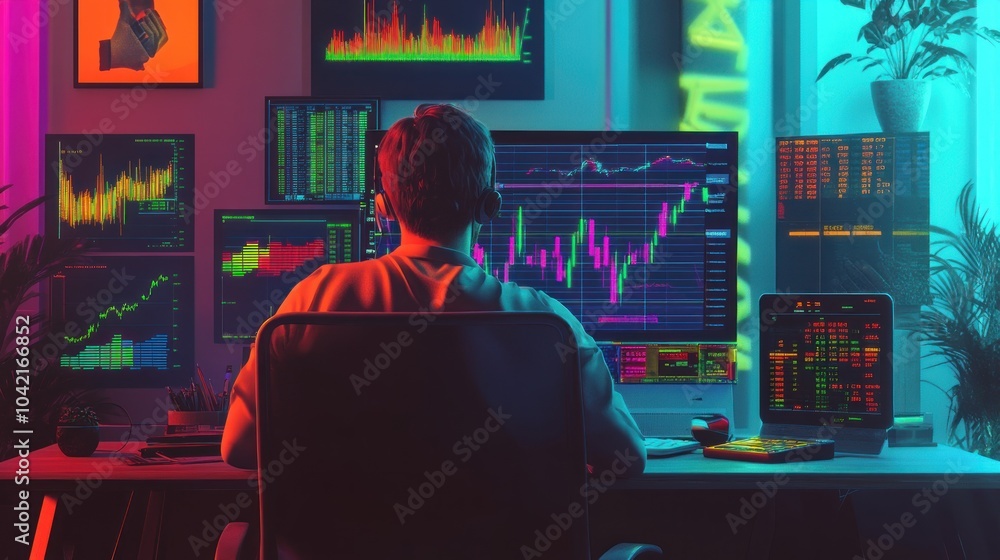 Aufkleber a man sits in front of multiple computer monitors displaying stock market data, in a brightly lit ro