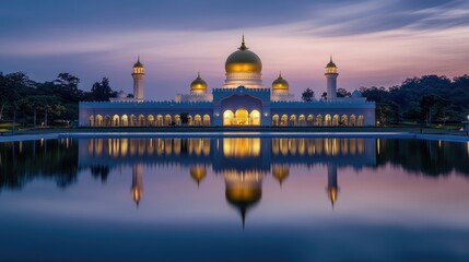 A serene view of the golden domes reflecting in the tranquil waters of the surrounding pool at dusk.