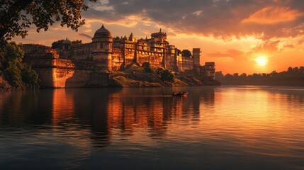Obraz premium A serene view of the Maheshwar Fort illuminated by the warm glow of sunset, reflecting on the Narmada River.