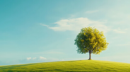 Obraz premium A solitary tree stands on a lush green hill under a clear blue sky, embodying tranquility and simplicity in a serene natural landscape.