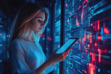 Woman Analyzing Data in a Futuristic Server Room with Tablet, Illuminated by Blue and Red Lights