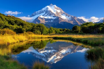 Simple depiction of Monte Fitz Roy reflected in a still lake, with smooth lines and soft colors capturing the calm and serenity of Patagonia