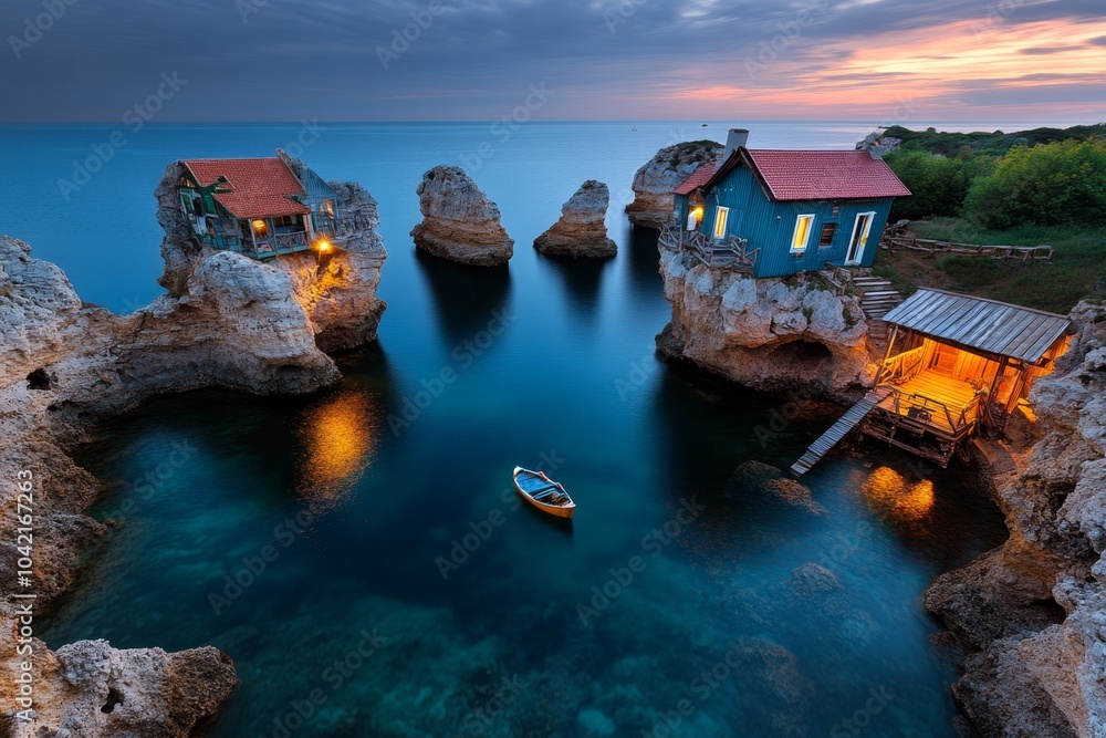 Poster simple minimalist design of the cliffs and popeye village, with clean lines and neutral tones agains