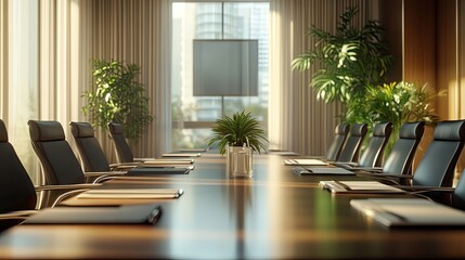 A sophisticated boardroom table set for a meeting, showcasing elegant design elements.