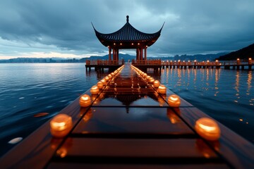 Obraz premium Soft morning mist rising from Kunming Lake, enveloping the pavilions and bridges in a serene, dreamlike atmosphere
