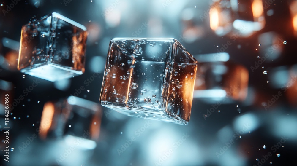 Aufkleber A captivating arrangement of transparent ice cubes floats in water, illuminated by vibrant reflections and surrounded by tiny bubbles, creating a stunning visual effect.
