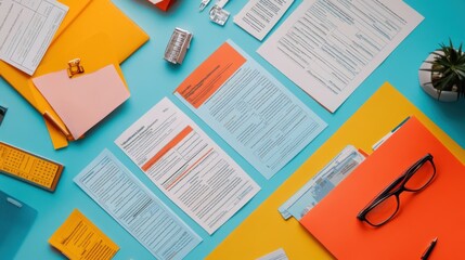 A flat lay of a blue desk with tax forms, folders, glasses, a plant, and sticky notes.