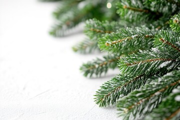 Snow dusted fir branches on white backdrop
