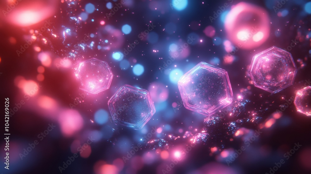 Aufkleber This vibrant visualization features hexagonal molecular structures illuminated by dynamic pink and blue lights, creating an engaging, futuristic ambiance.