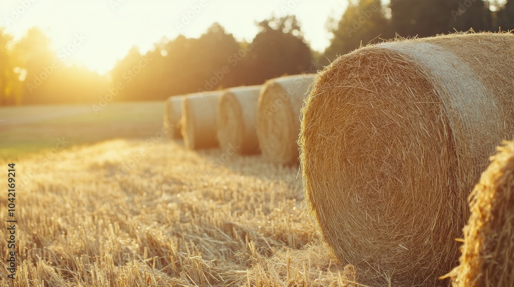 Poster stacks of freshly harvested hay bask in the sunlight, surrounded by colorful fall foliage in the cou