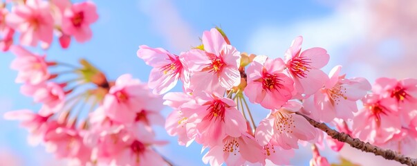 A vibrant cluster of pink cherry blossoms against a blue sky, symbolizing spring's beauty and renewal.