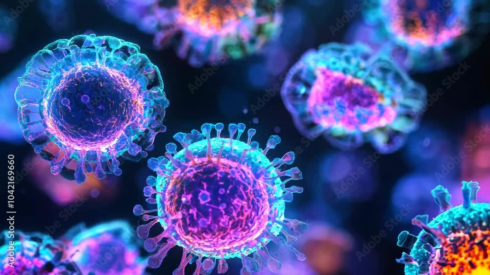 Poster a colorful depiction of viruses, highlighting their intricate structures and biological significance