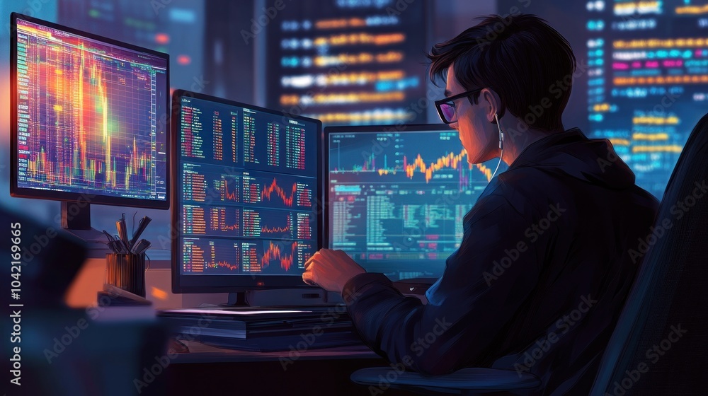 Poster a young person sits at a desk in a dark room, looking at three computer monitors displaying financia