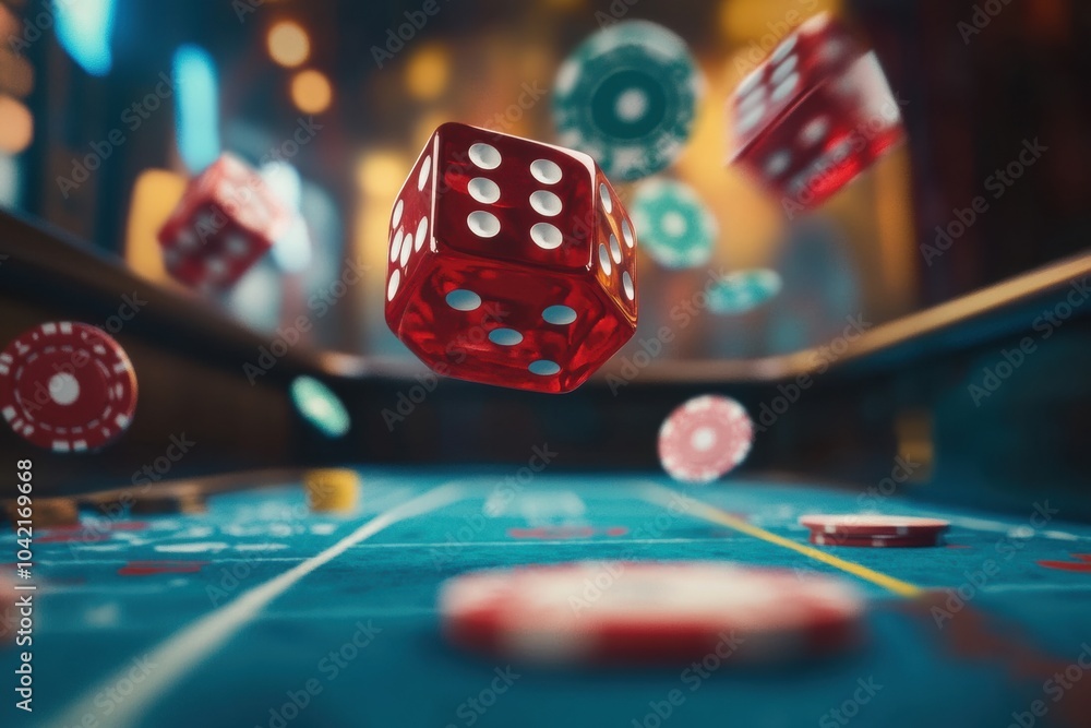 Leinwandbilder in a lively casino setting, red dice fly above a craps table filled with an array of scattered chips