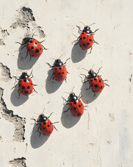 Ladybugs walking in a line, seen from above on a white background